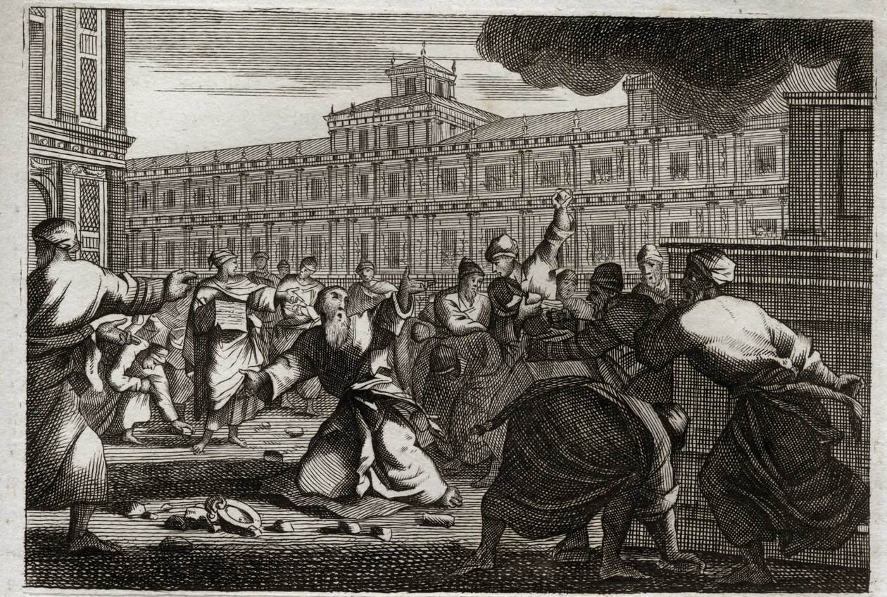 Bible of Royaumont, Gamle Testamente:, Zakarias stenet. Zakarias, ypperstepræsten, bliver stenet på befaling af Joash (Jehoash) konge af Juda, fordi han tog ham fra hans ordrer. Illustration fra 1811. af Unknown artist
