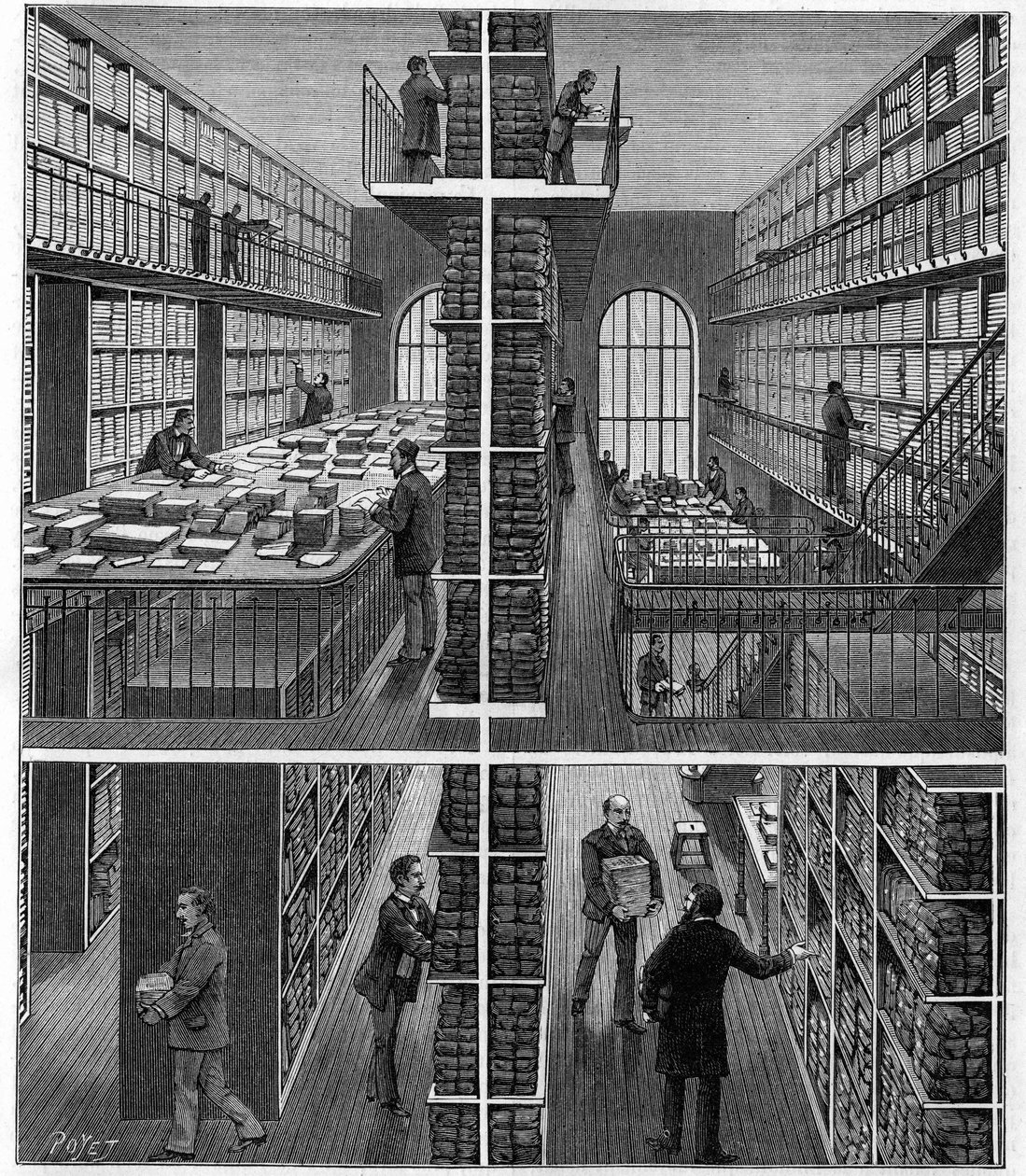 Bibliotheque Nationale i Paris: journalhåndtering og arkiveringsrum på Bureau des Entrees. Gravering i "" Nature: gennemgang af videnskaberne og deres anvendelser til kunst og industri "" af 17. juni 1893. af Unknown artist