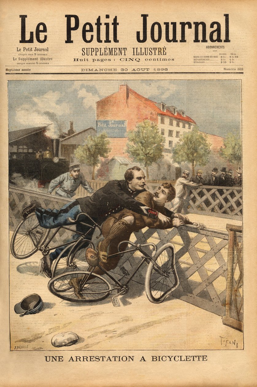 Cykelarrest nær Champigny. Indgravering i "" Le petit journal"" 30/08/1896. Selvas samling. af Unknown artist