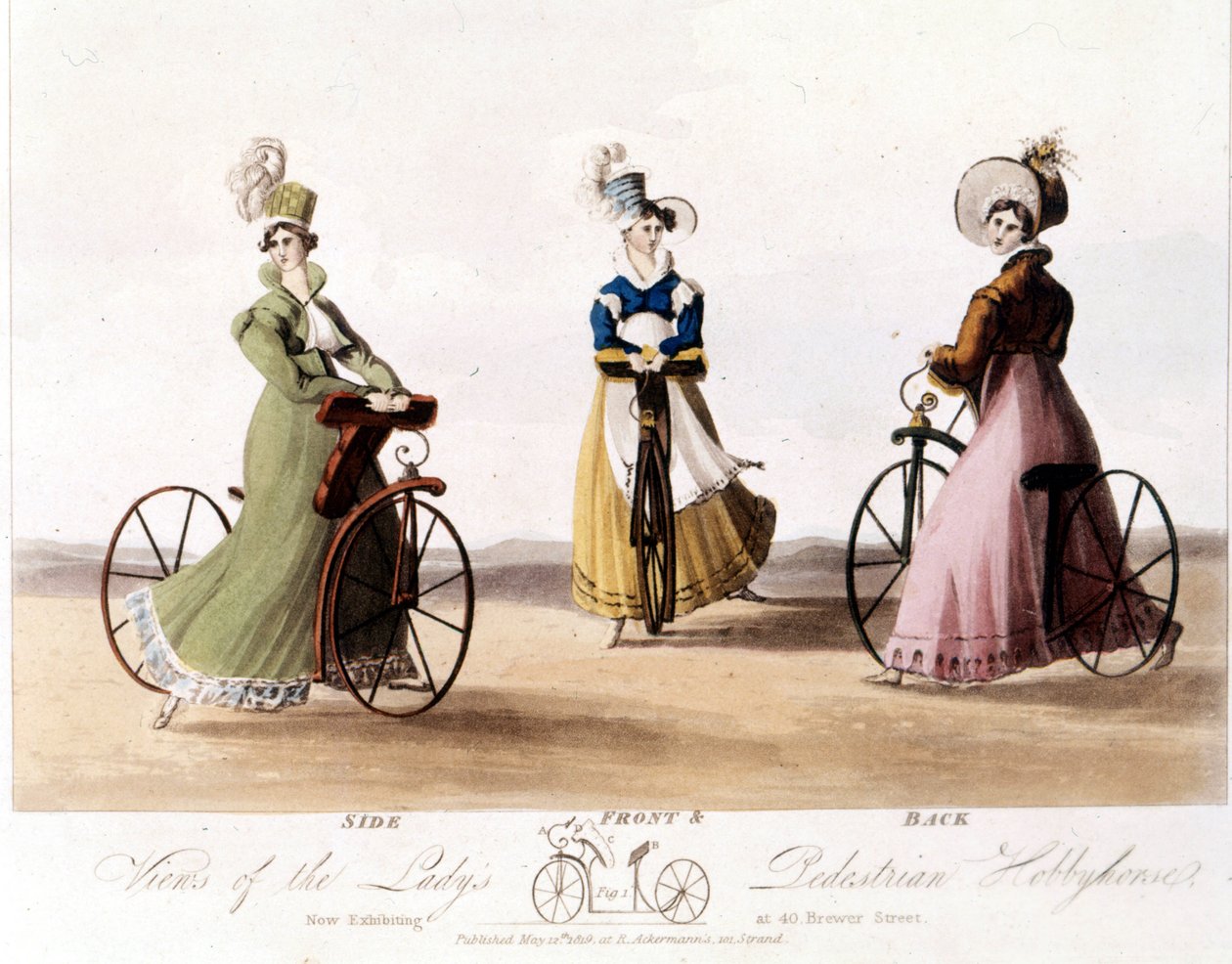 Cykel til kvinder forfra, fra siden og bagfra. Dette er modellen opfundet af Baron von Drais: Draisienne. Den var lavet af træ, og der var endnu ingen pedaler. Farvelitografi fra 1819. af Unknown artist