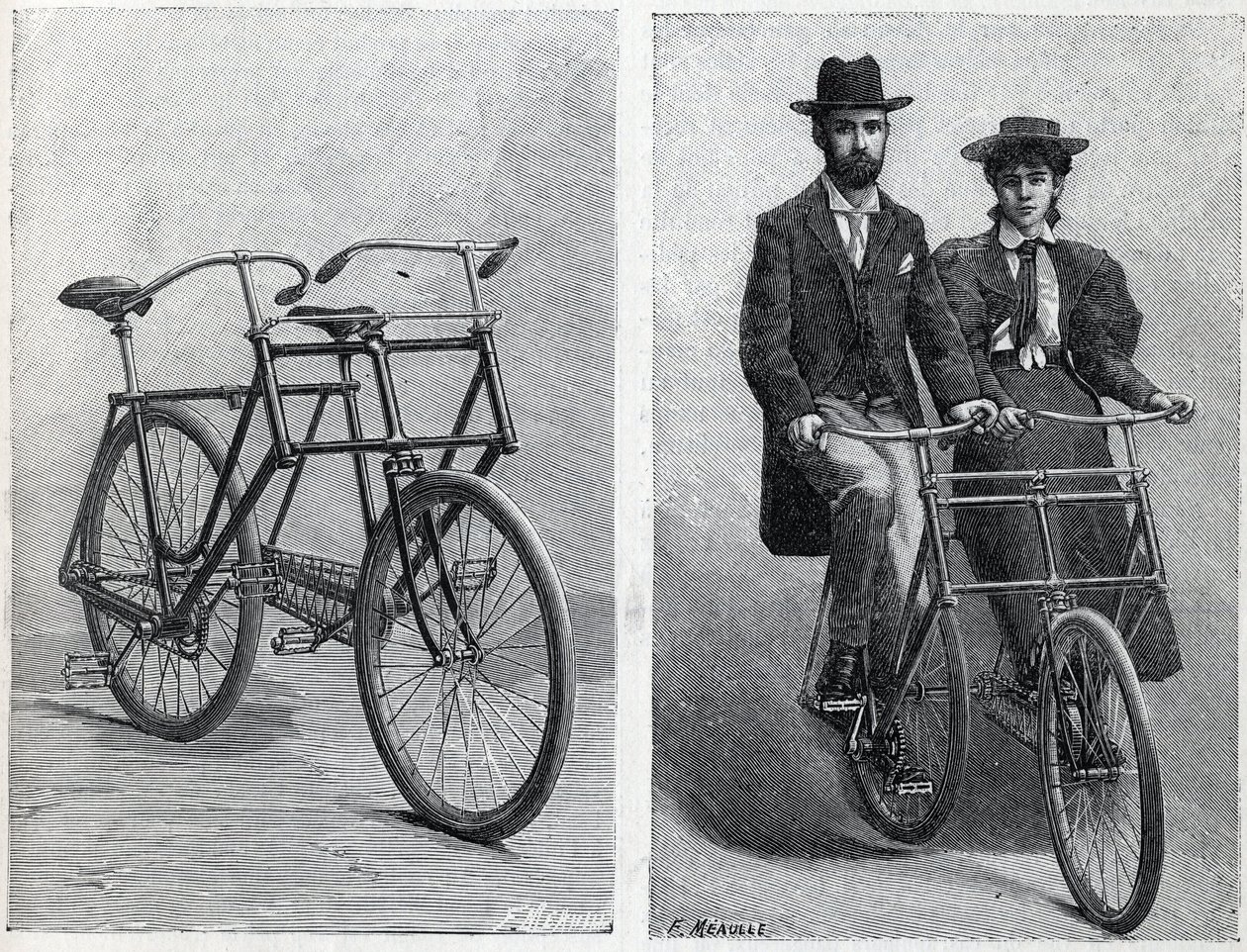 Cykel har to sæder fra fabrikationen "" Punnett Cycle"" uden og med cyklister. Indgravering i ""La Nature"" af Unknown artist