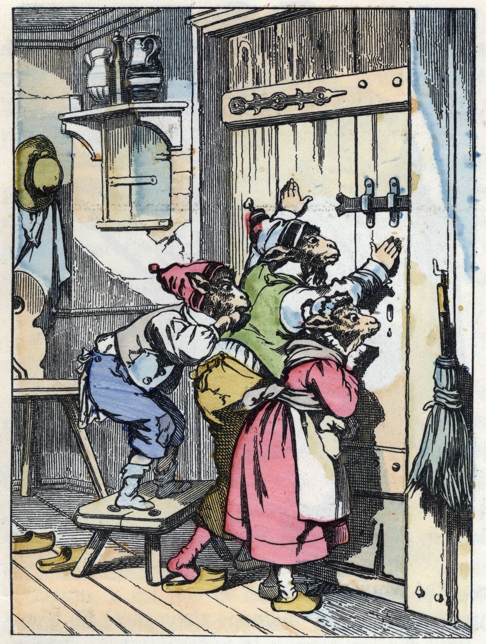 Biquets lytter til, hvem der banker på døren. Illustration af fortællingen "Compere le Loup, Maitre Renard, Comere la Chevre et ses petits biquets"" efter en fabel af Jean de la Fontaine. I “”Fortællinger fra hjemmet for de mindste””. Anonym gravering af 1 af Unknown artist