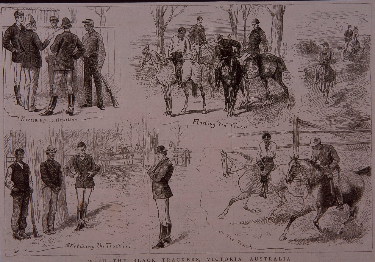 Black Trackers på sporet af bushrangers i Victoria, Australien i 1881 (gravering) af Unknown artist