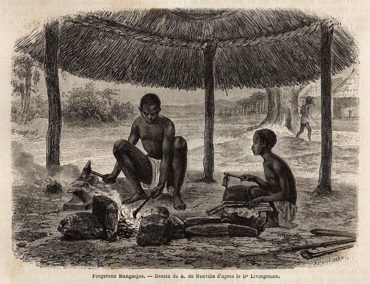 Smedemanganjaer (etnisk gruppe i Zambeze-regionen). Indgravering til illustration af Dr. Livingstones første rejser til det sydlige Afrika fra 1840 til 1856, i "Le tour du monde, nouveau journal des voyages"" udgivet under ledelse af Edouard Charton af Unknown artist