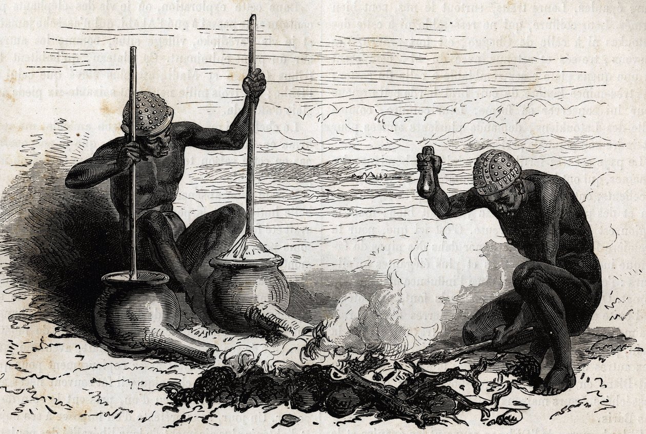 Smede Lakoutas (stamme beliggende i Upper Nile-regionen), en forgrenet trægren tjener som tænger, to sten tjener som hammer og ambolt, to jordpotter med lange rør i bunden fungerer som bælge til trækulsild, potterne er faste ved en stykke s af Unknown artist