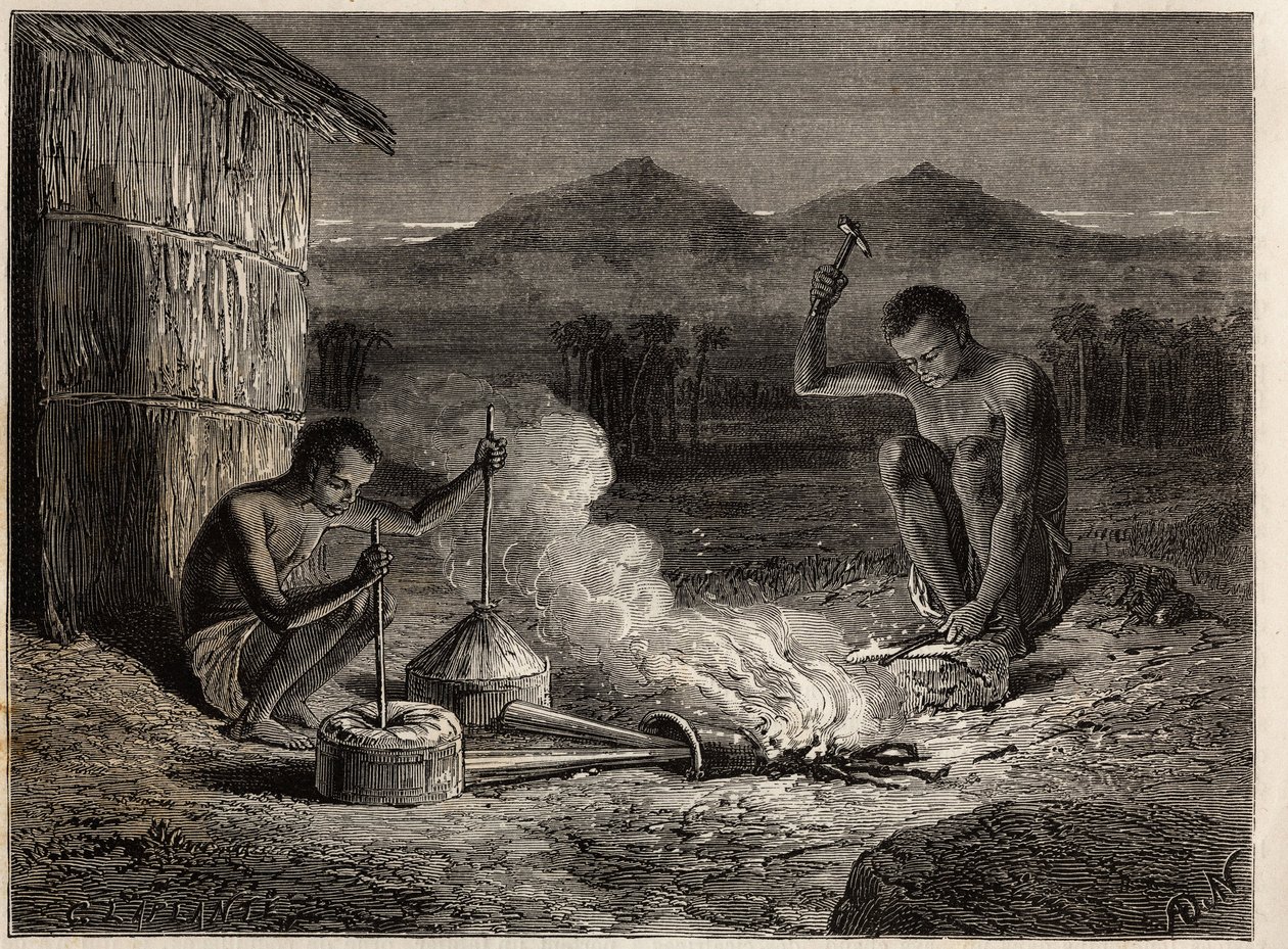 Smede i Simiango, ved bredden af Zambese-floden. Indgravering til illustration af Dr. Livingstones første rejser til det sydlige Afrika fra 1840 til 1856, i "Le tour du monde, nouveau journal des voyages"" udgivet under ledelse af Edouard Charton af Unknown artist