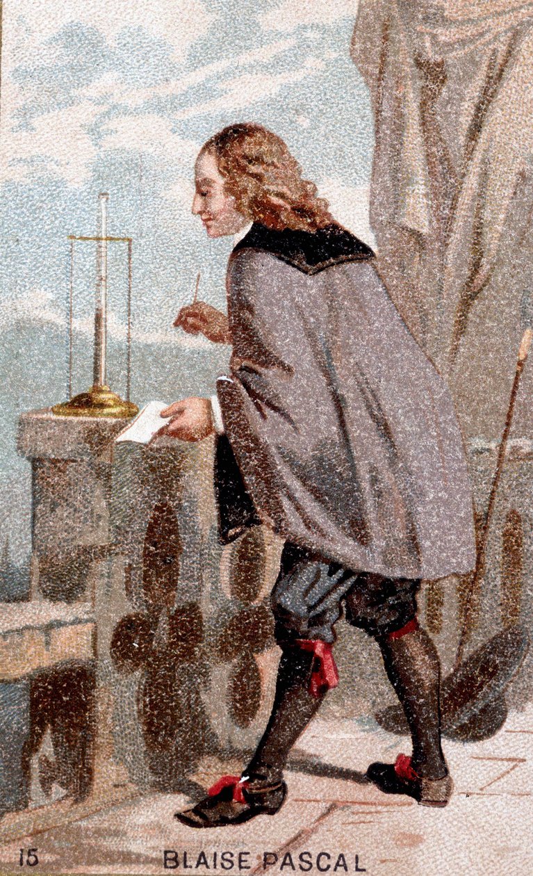 Blaise Pascal (1623 - 1662) foran et barometer af Unknown artist