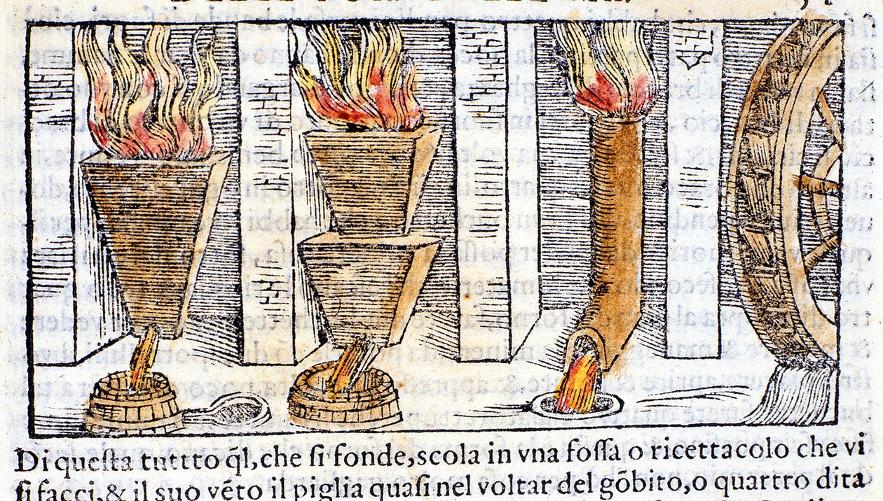 Højovn - i "Pirotechnica" i Biringuccio af Unknown artist