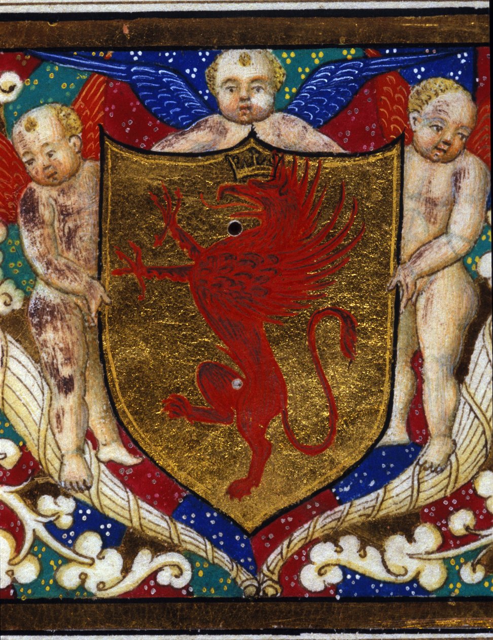 Blazon dekorerer en griffon krone på guld baggrund. Detalje af en miniature. af Unknown artist