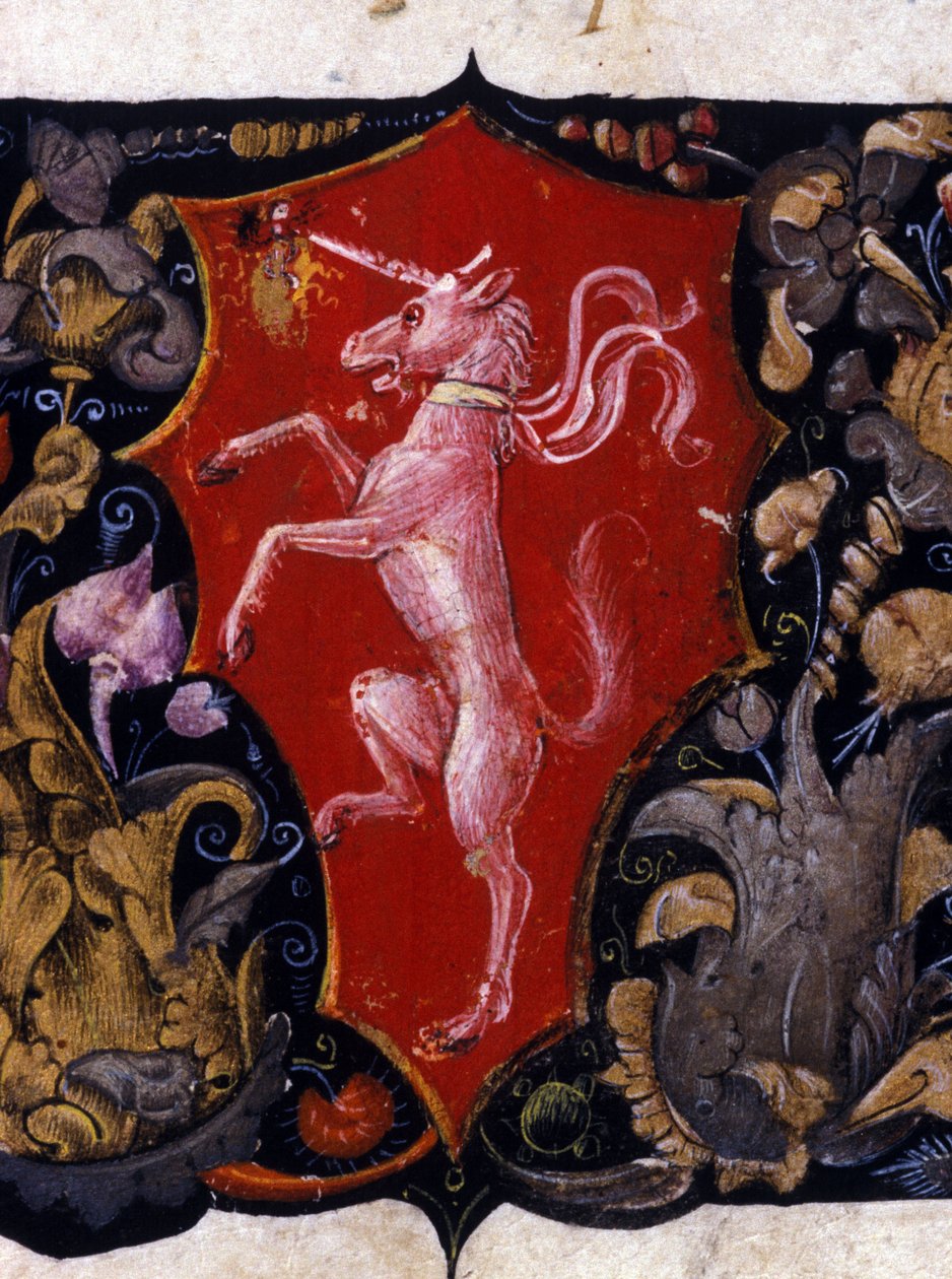 Blazon dekorerer en enhjørning på en rød baggrund. Detalje af en miniature. 15. århundrede af Unknown artist