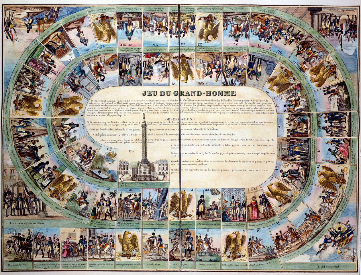 Brætspil: bræt af "Game of the Great Man", model af spillet med gåsen, der hylder kejser Napoleon I (1769-1821). 1800-tallets privatsamling af Unknown artist