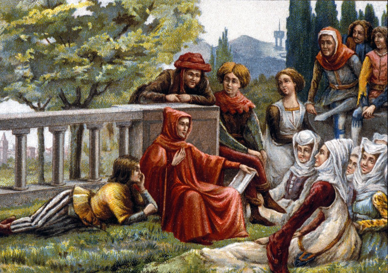 Boccaccio (Boccaccio) læste Decameron for sine venner under pestepidemien i Firenze omkring 1348. kromolitografi fra slutningen af det 19. århundrede. af Unknown artist