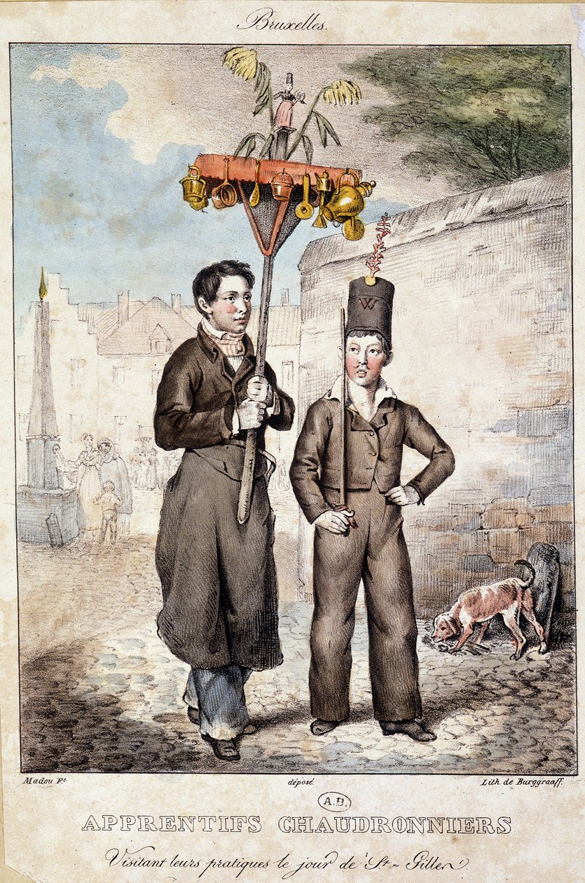 Kedelmagerlærlinge besøger deres praksis på dagen for St. Gillen (Bruxelles) - Litografi, deb. 19. århundrede af Unknown artist
