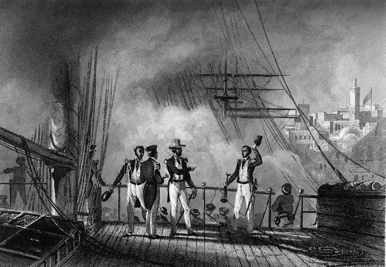 Bombardement af Tanger af prinsen af ​​Joinville. i "General History of the Navy" af Van Tenac af Unknown artist