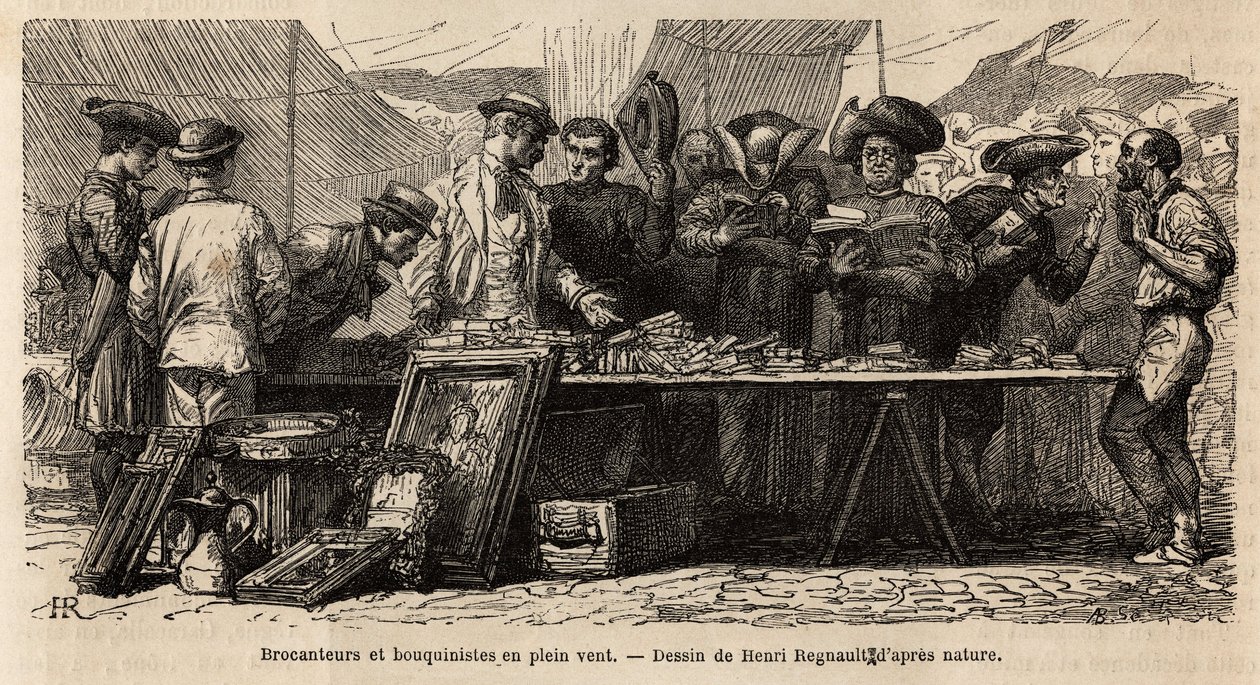 Bogmagere og brocanteurs i vinden, nær Montanara-pladsen, under et opsat telt, konkurrerer amatører og præster om en brik af antikviteter, nogle læser der, andre forhandler i fagter. Engravure pour illustrrer le voyage à Rome, af Francis Wey, i 186 af Unknown artist