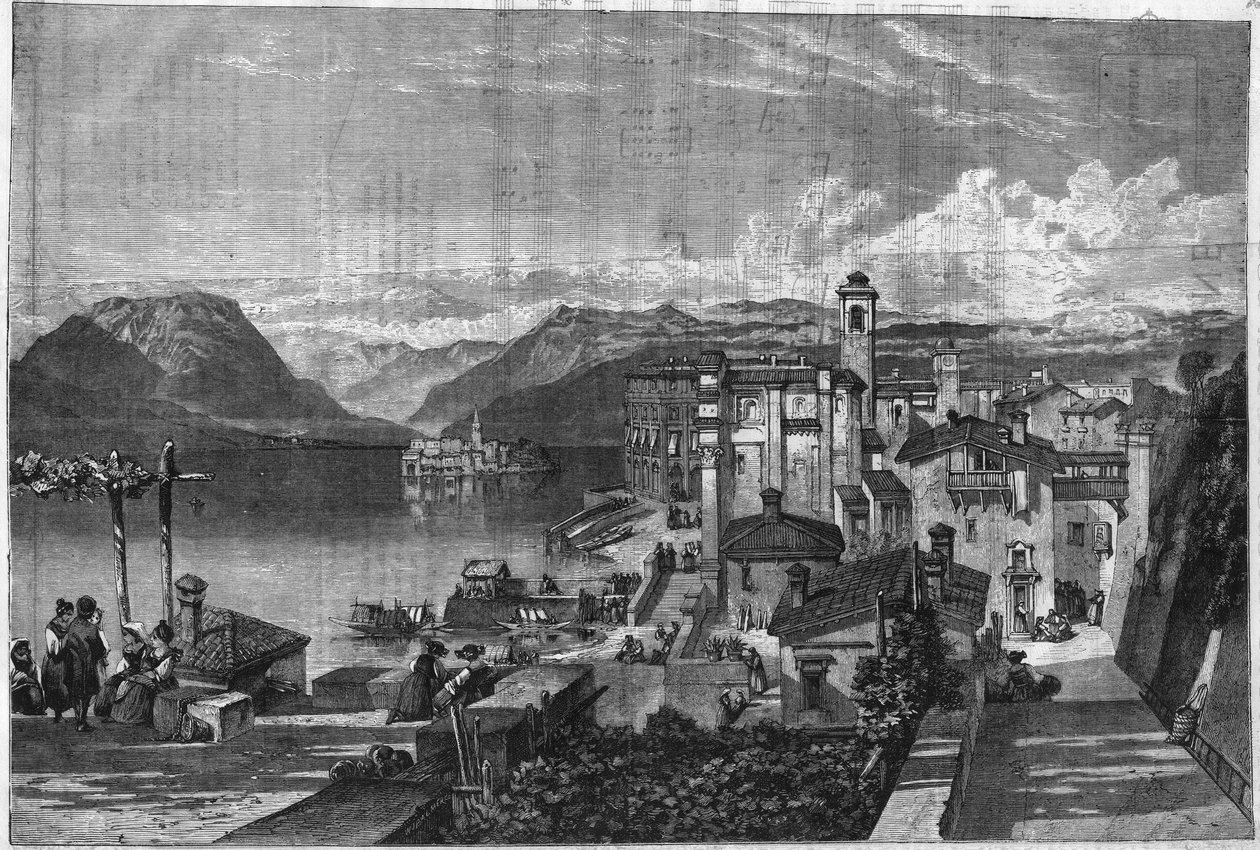 Borromees-øerne i Lago Maggiore (Lago Maggiore i Lombardiet) i Italien: Udsigt over Isola Bella (Ila-Bella). Gravering i "" L