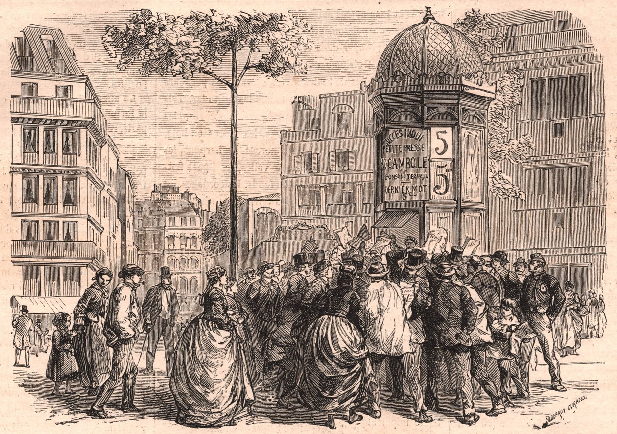 Boulevard Pigalle i Paris: Pariserfolk omkring en Morris-spalte under salget af aviserne af Unknown