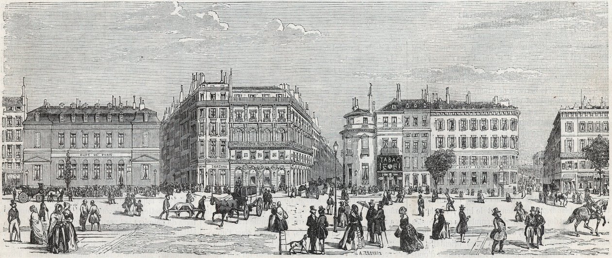Boulevard des Italians med café de Paris, rue Taitbout, house doree, rue Lafitte, cafe Riche og rue Lepelletier - Indgravering i "Tableau-de-Paris" af Edmond Texier 1852 af Unknown artist