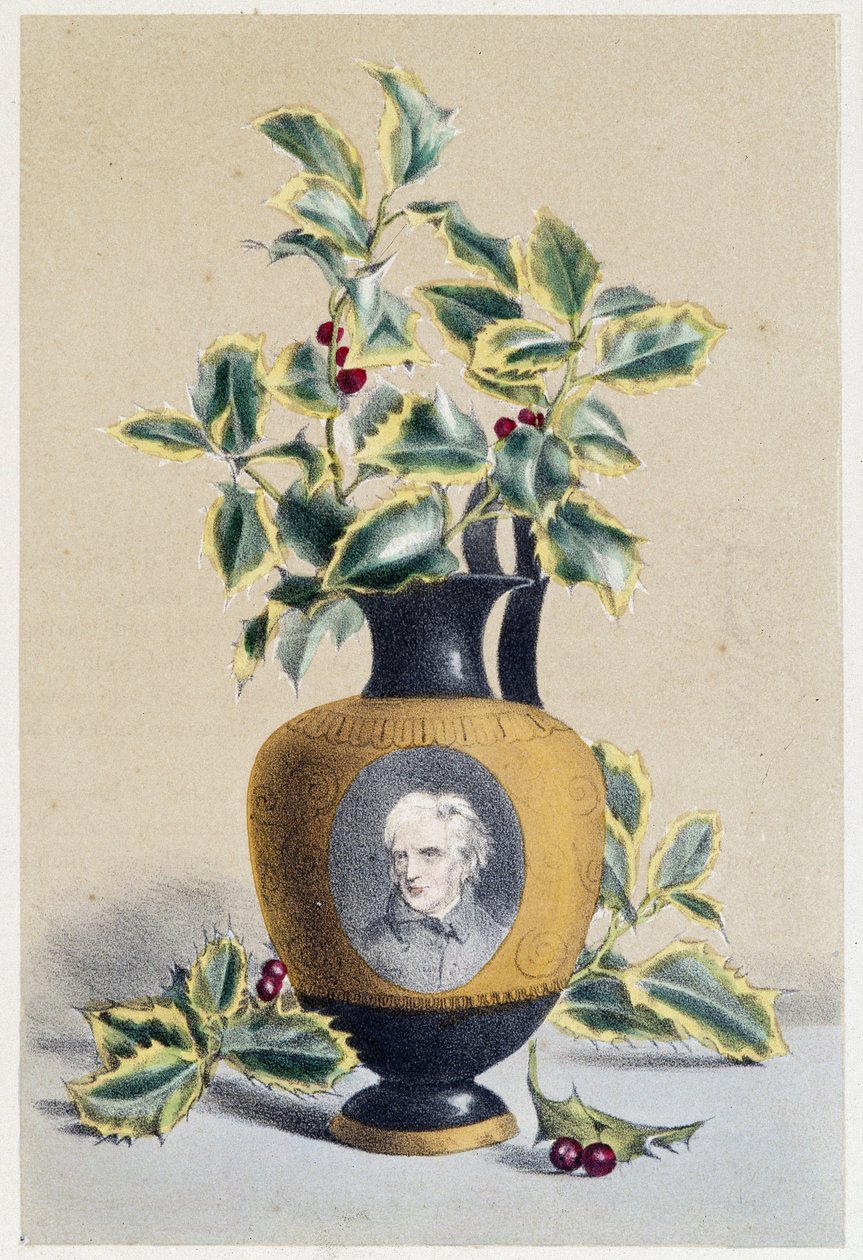 Buket af kristtorn symboliserer vinter - litografi af Unknown artist