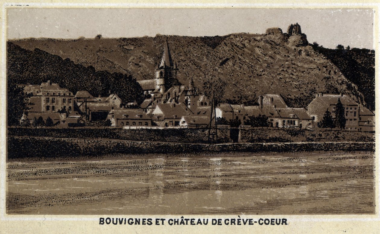 Bouvignes sur Meuse og Chateau de Creve Coeur (Creve-Coeur eller Crevecoeur), Vallonien, Belgien af Unknown artist