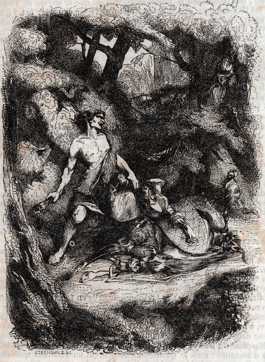 Bradamante terrassee af en kæmpe - indgravering af 1851 fra "" Furious Roland"" (Orlando furioso) (1500-tallet) af Ludovico Ariosto, kendt som Ariosta - Udgave oversat fra italiensk af greven af Tressan og udgivet af Gustave Harvard 1851 af Unknown artist