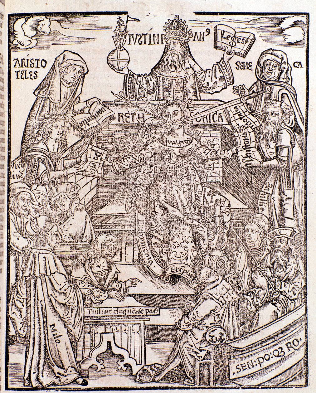 Kunnskabsgrene repræsenteret af Aristoteles (øverst til venstre) repræsenterer Naturfilosofi, med Seneca repræsenterende Moralfilosofi til højre, kejser Justinian (øverst i midten). Kvinden i midten har et sværd og en blomstrende gren, der kommer fra hende af Unknown artist
