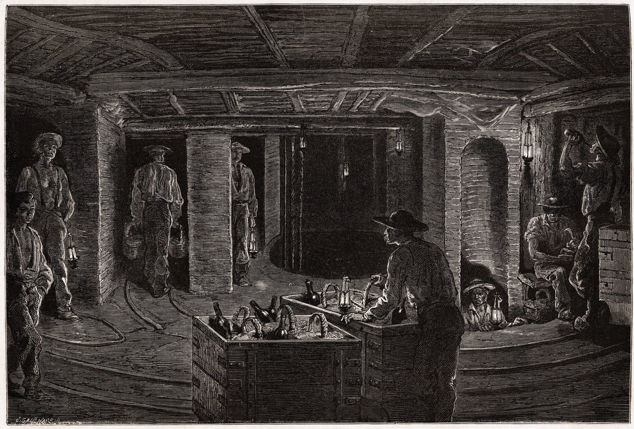 Morgenmad i minen, distribution og forbrug af kurve-måltider til minearbejdere i kulminegallerierne i Creusot. Gravering til illustration af en rejse til Creusot og minerne i Saone og Loire, i 1865, af L. Simonin, i "" Le tour du monde, no. af Unknown artist