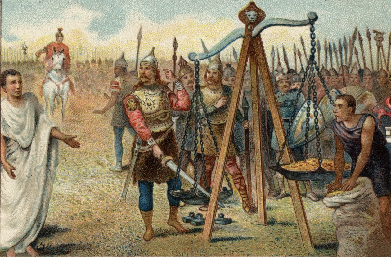 Brennus sætter sit sværd i balance, 390 f.Kr.: Plyndret Rom af gallerne ledet af deres høvding Brennus (Brennos). Stillet over for romernes modstand gik Brennus med til at håndtere den romerske militærtribune Quintus Sulpicius: han forlod Rom mod pa. af Unknown artist