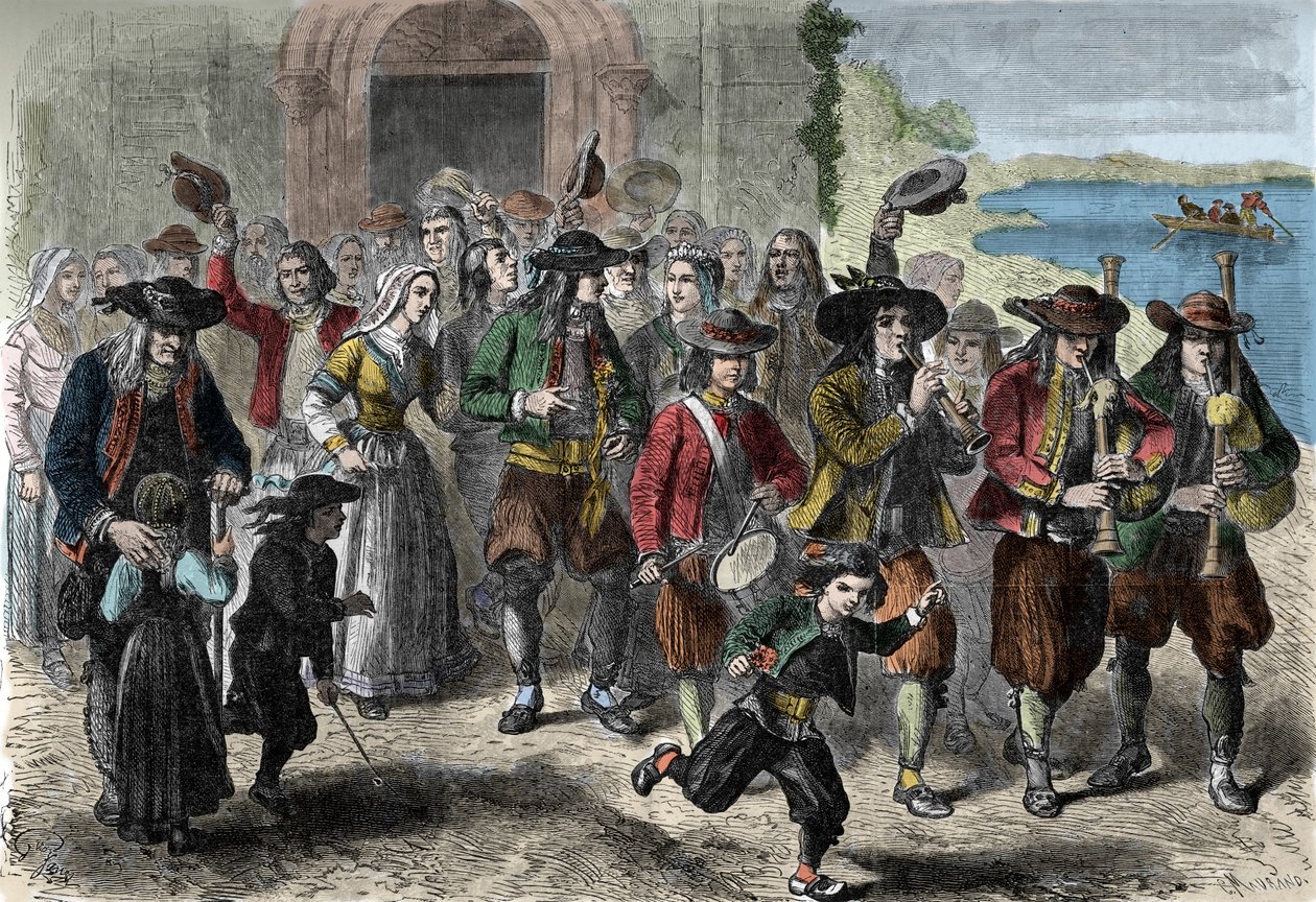 Bretonsk skik: par unge ægteskaber ved udgangen af kirken. I toppen af kortegen er spillere af biniou og tromme. Treguennec, Finistere (29) af Unknown artist