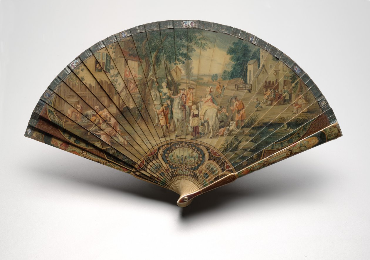 Brisé fan med en jagtscene, ca. 1880-1900 (olie på celluloidblade, papirbånd, imiteret skildpadde og messing) af Unknown artist