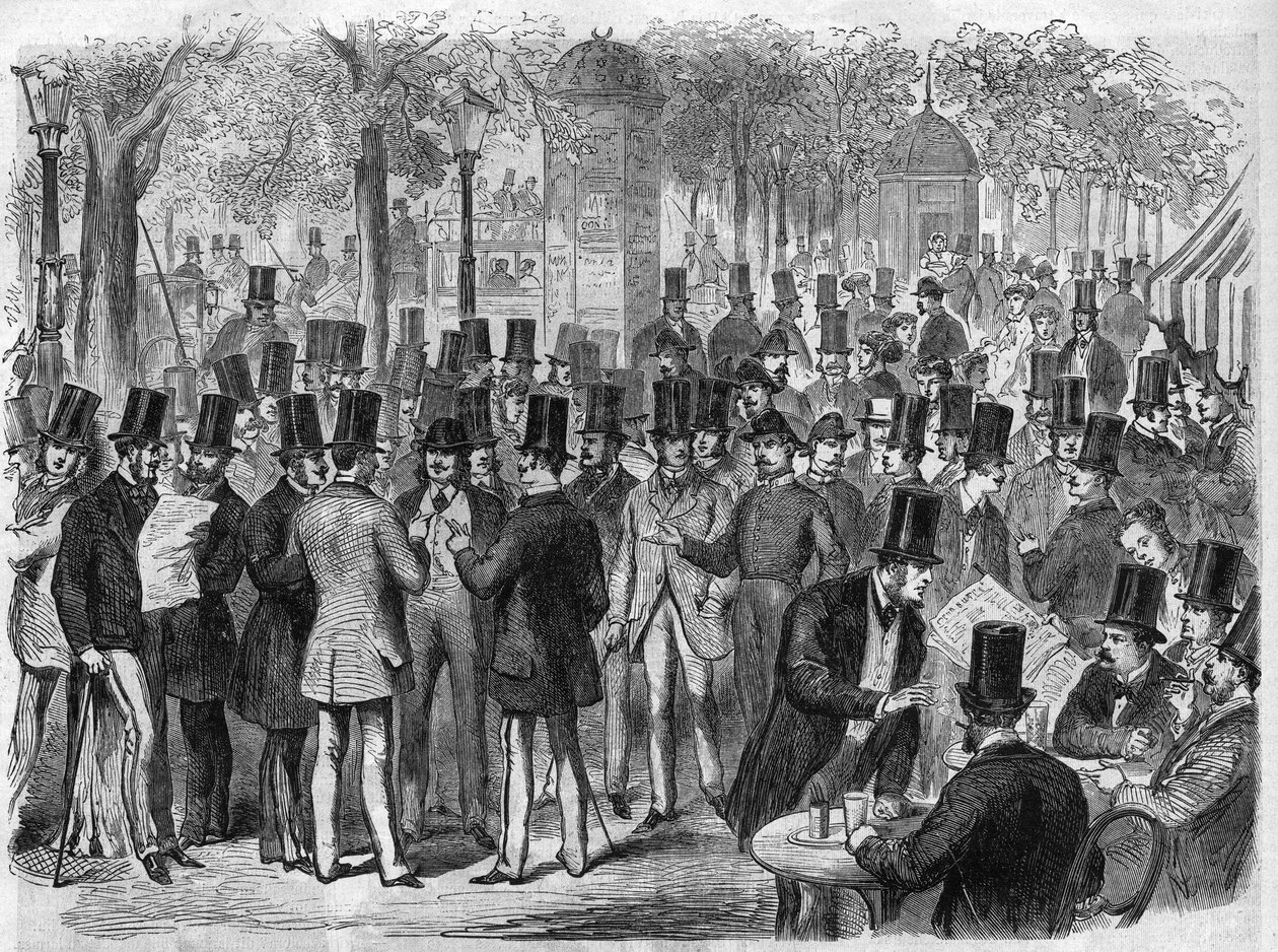 Mæglere nær den lille Bourse du Boulevard des Italians i Paris, Frankrig. Indgravering i "The Illustrous Universe" af Unknown artist