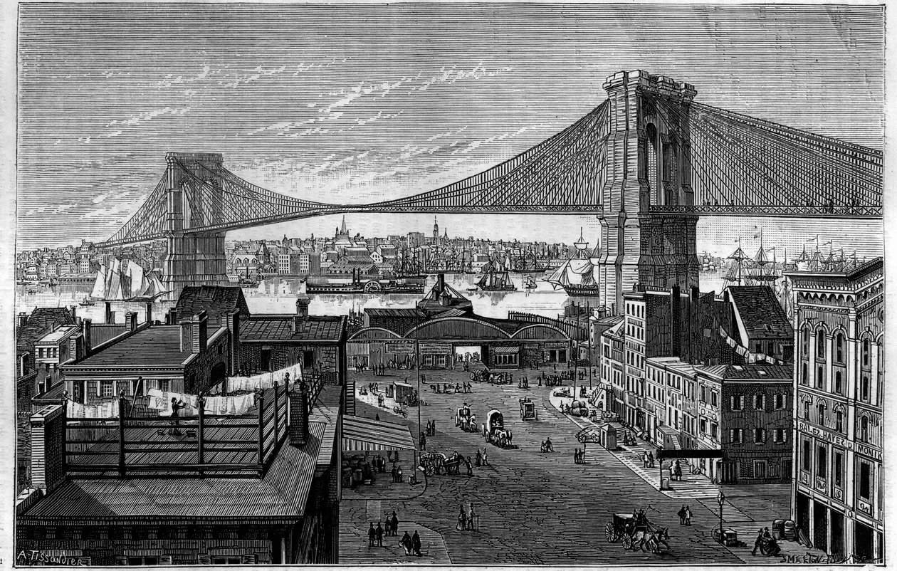 Brooklyn Bridge. Begynder i 1869, under opførelse på tidspunktet for gravering, den vil være færdig i 1883. New York (New York), USA (USA). Gravering i "" La Nature: revue des sciences et de leurs applications aux arts et a l