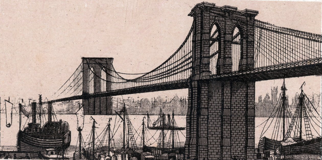 Brooklyn Bridge i New York, USA i "The World Illustrates 168 Views" Udateret (slutningen af det 19. århundrede) af Unknown artist