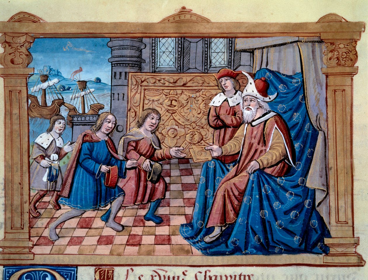Brødrene Nicolo og Matteo Polo, far og onkel til den unge Marco Polo (1254-1324) blev modtaget i hoffet til Qubilai (Kubilai Khan, første kejser af det mongolske Yuan-dynasti (1215-1294), mongolsk kejser i 1271. Miniature taget fra "" The B af Unknown artist