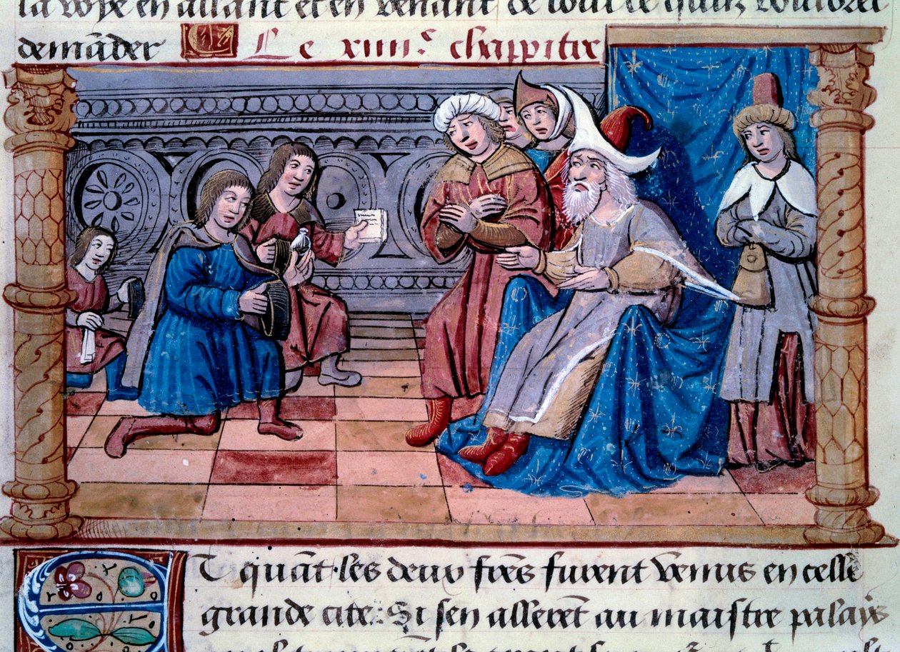 Brødrene Nicolo og Matteo Polo, far og onkel til den unge Marco Polo (1254-1324) blev modtaget i hoffet til Grand Qubilai (Kubilai Khan, første kejser af det mongolske Yuan-dynasti (1215-1294), mongolsk kejser i 1271” . Miniature taget fra " af Unknown artist