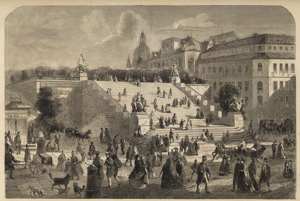 Bruhls terrasse i Dresden, Tyskland - Den store trappe på terrassen til Bruhl i Dresden i 1864 - af Unknown artist