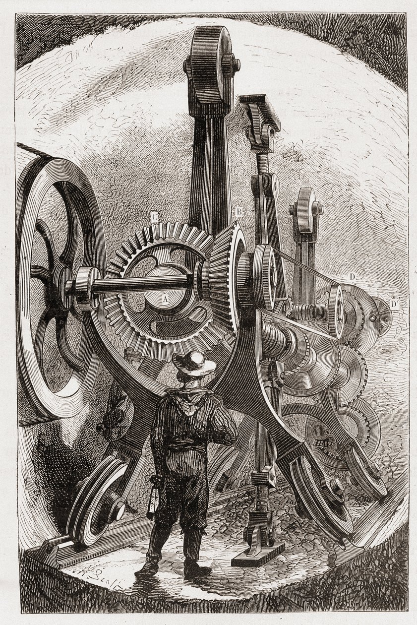 Brunton-maskine til tunnelgravning i bløde klipper - i "" The new conquests of science: electricite"" af Louis Figuier, sd af Unknown artist