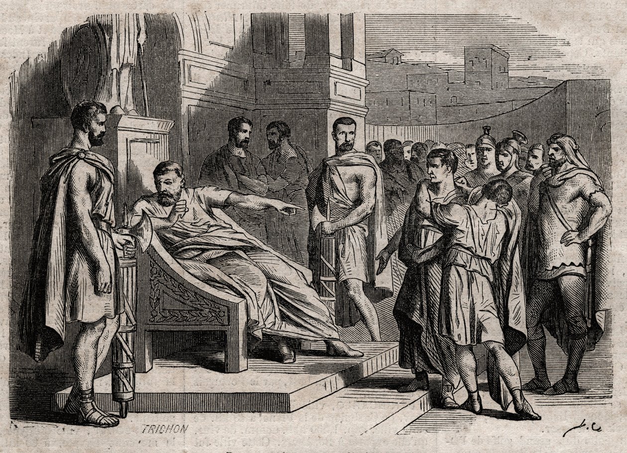 Brutus dømmer sin søn til døden - Brutus (Marcus Junius Brutus, 85-42 f.Kr.) dømmer sine sønner til døden - indgravering i "" Dictionnaire populaire illustrious" - 1864 - af Joseph Decembre og Edmond Allonier - af Unknown artist