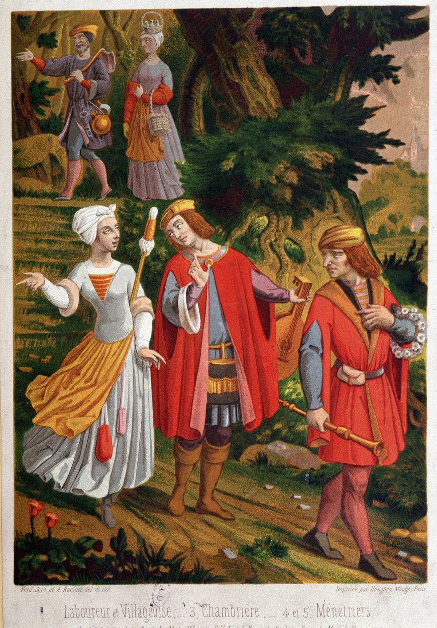 Bukolisk scene: pløjning og landsby, chambriere og menestriere af Unknown artist