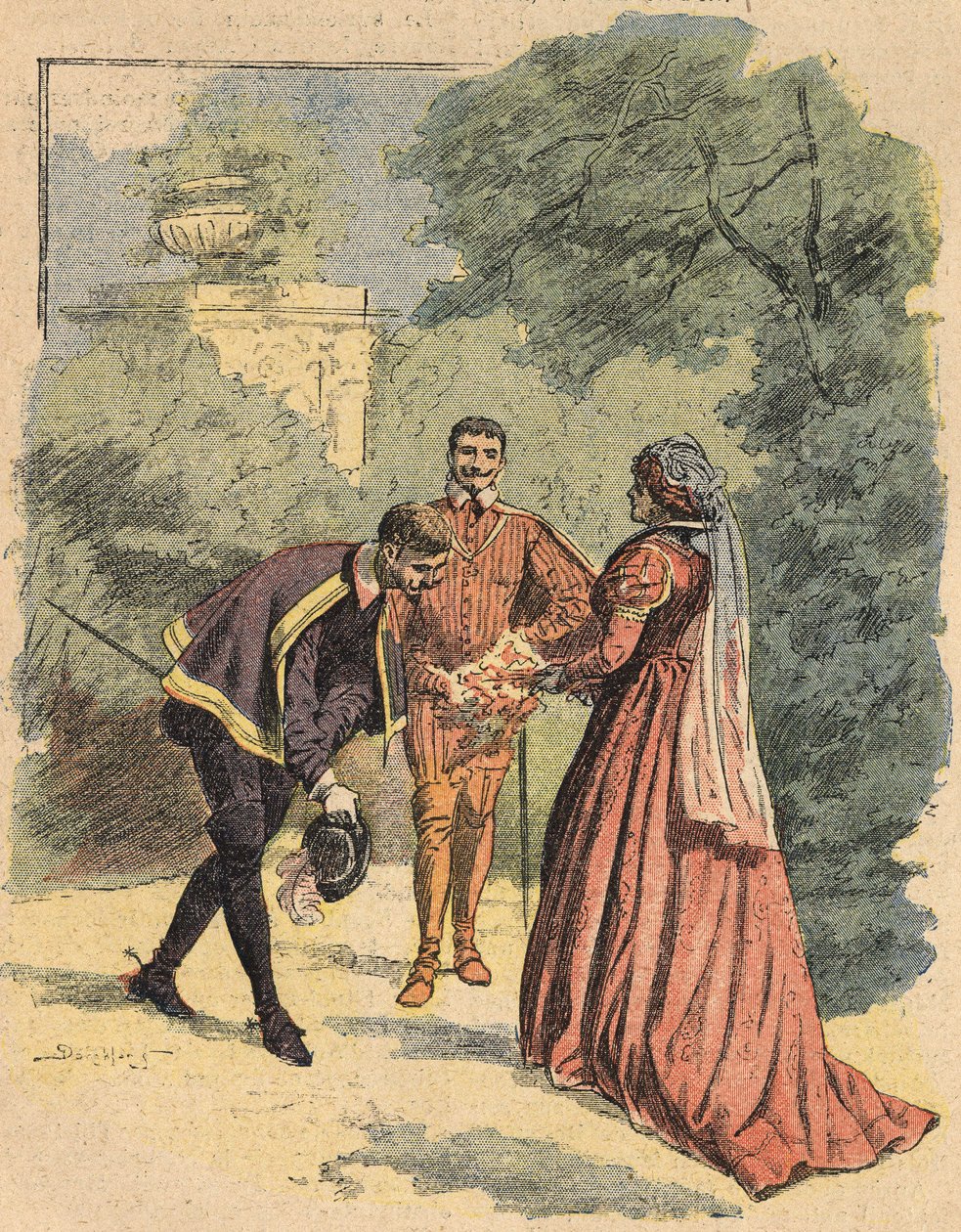 Bussy hilser på Jeanne, ledsaget af Saint Luke, i parken. Illustration af romanen "La Dame de Monsoreau" af Alexandre Dumas, i "Journal des novels populaires illustrées" af Unknown artist
