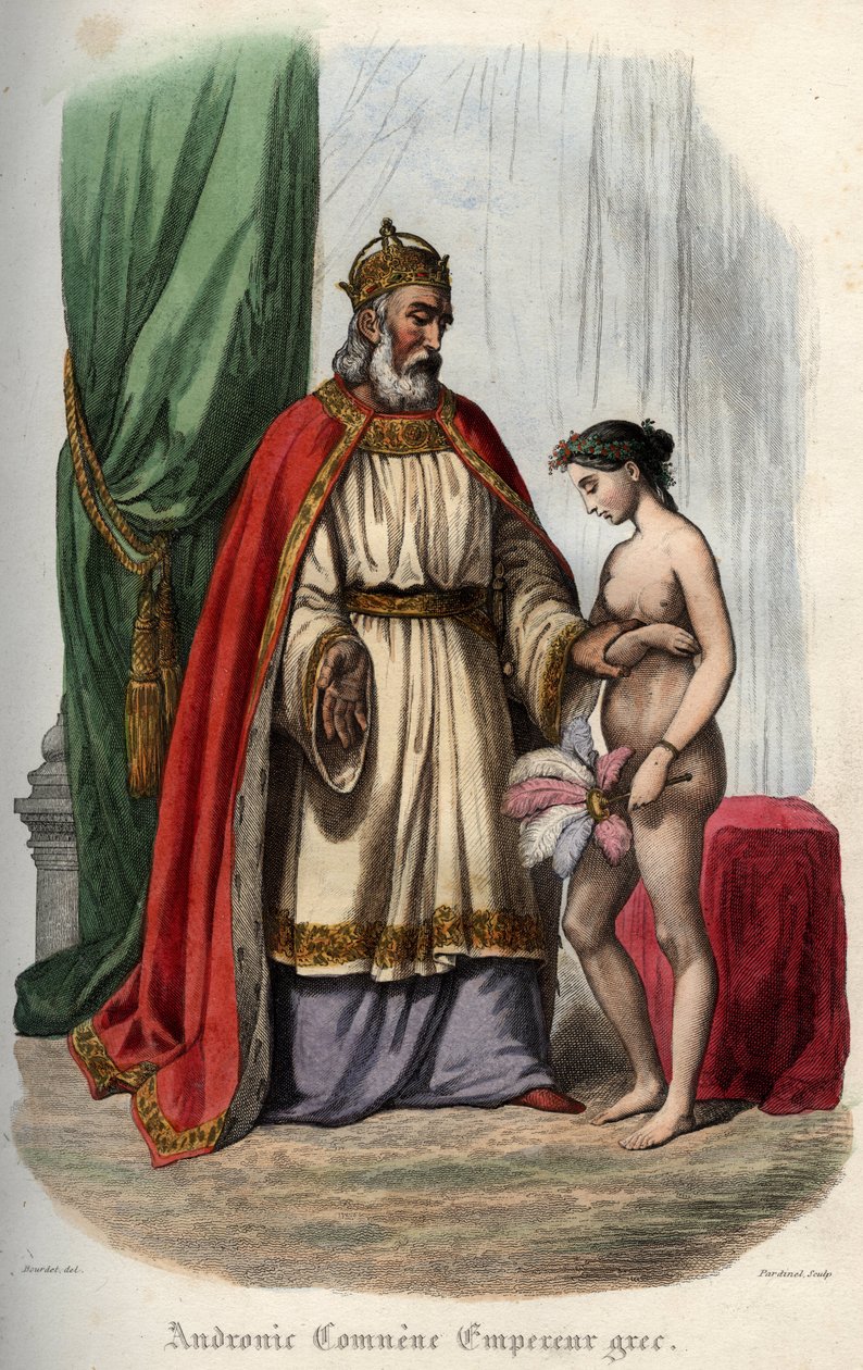 Den byzantinske kejser Andronikos I Komnenos (eller Andronicus I Comnenus (ca. 1118-1185) (Andronic I Comnene) og hans hustru Agnes af Frankrig (1171-1240), der er tvunget til at optræde nøgen for sit orgie. Stik fra 1842 i "Histoire des" paver"" af Mauric af Unknown artist