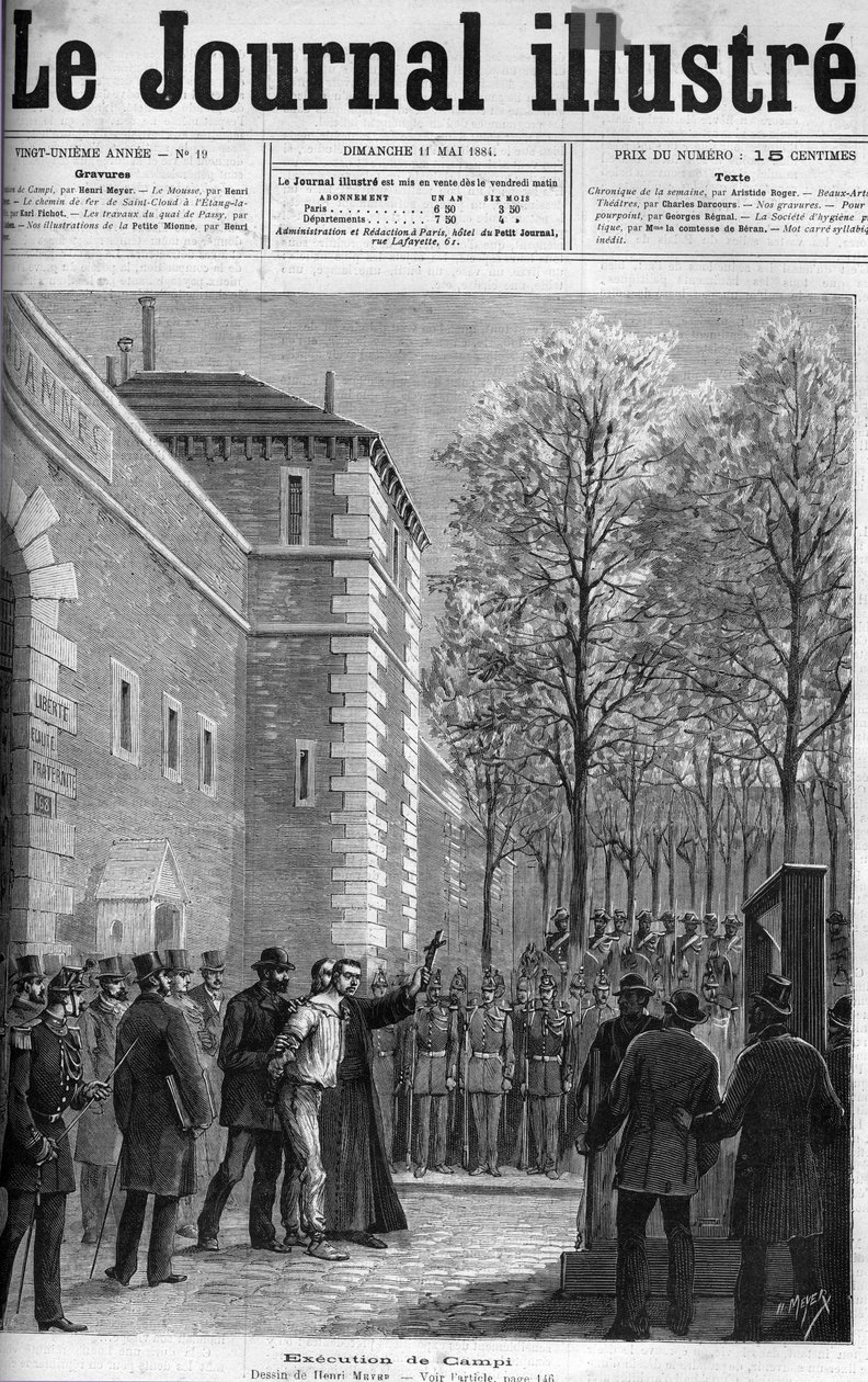 CAMPI, ASSASSINDEN AF RUE DU REGARD - "" Henrettelse af lejemorderen Michel Campi, på place de la Roquette, 30. april 1884 - GUILLOTINE - indgravering i "" Le journal illustrious"" af 1884 af Unknown artist