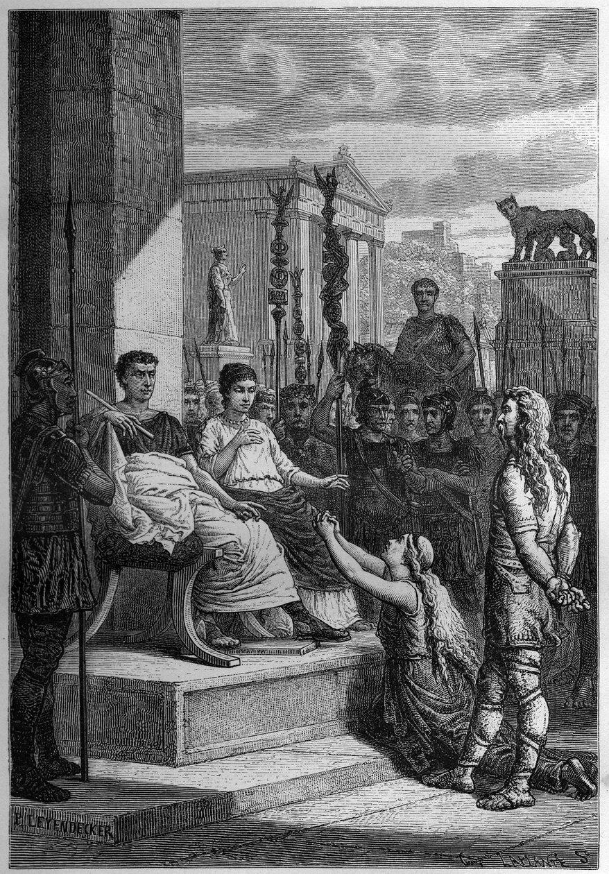 CHAMACUS FANGEN - Caratacus (Caratacos, Caratacus) i fangenskab med sin familie taler til den romerske kejser Claudius (Claude I) (10 f.Kr.-54 e.Kr.) - Indgravering i "L