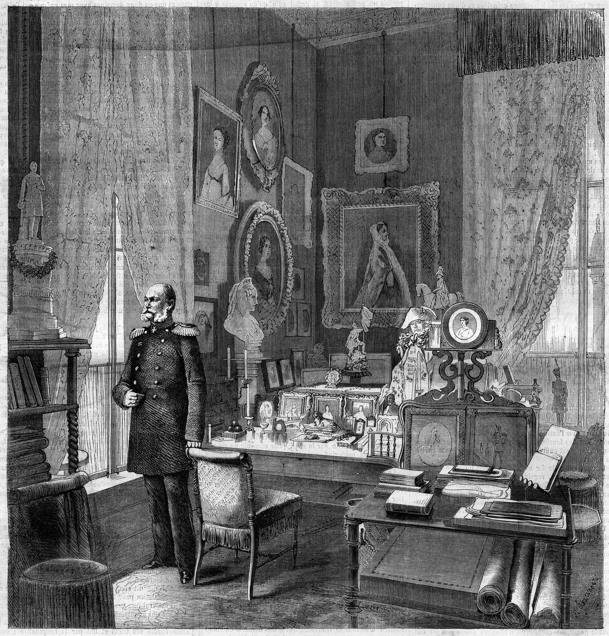 Kabinet af kong William I (1797-1888), konge af Preussen og kejser af Tyskland ved det kongelige palads i Berlin. Indgravering i ""Det illustere univers"" af Unknown artist