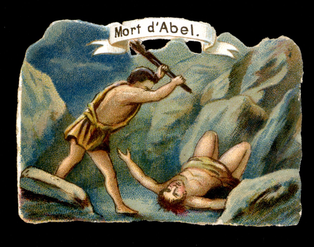 Kain dræber sin yngre bror Abel af jalousi (Adams og Evas børn). Kromolitografi af det 19. århundrede. af Unknown artist