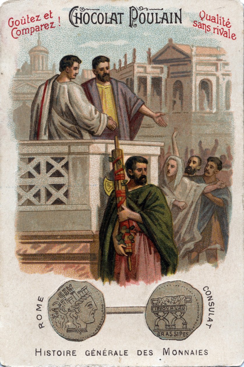 Caius Licinius Calvus Stolon bidrager til plebeiernes tilslutning til den politiske magt ved at få adgang til konsulatet. I mønternes almindelige historie. Chokolade-føl-kromolitografi fra slutningen af det 19. århundrede. Privat samling. af Unknown artist