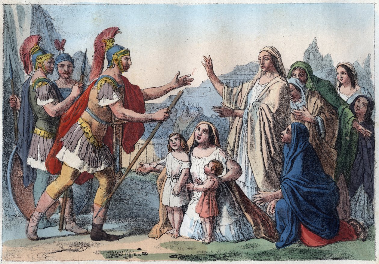 Caius Marcius Coriolanus (Coriolan) og hans mor (488 f.Kr.) - Coriolan belejrer Rom med støtte fra folket - hans mor Veturia og hans kone Volumnia overtaler ham til at trække sig tilbage - Volumnia og Verturia før Coriolan (Gaius Marcius Coriolanus) - Mor  af Unknown artist