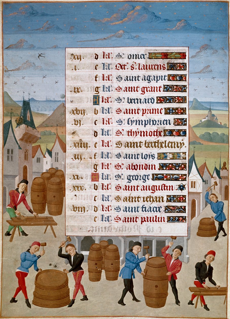 Kalender: August - Fremstilling af vintønder - Miniature af Mester Jean de Rolin (1400-tallet) fra "The Hours of Adelaide of Savoy, Duchess of Burgundy" 1460-1465 Chantilly, Musee Conde af Unknown artist