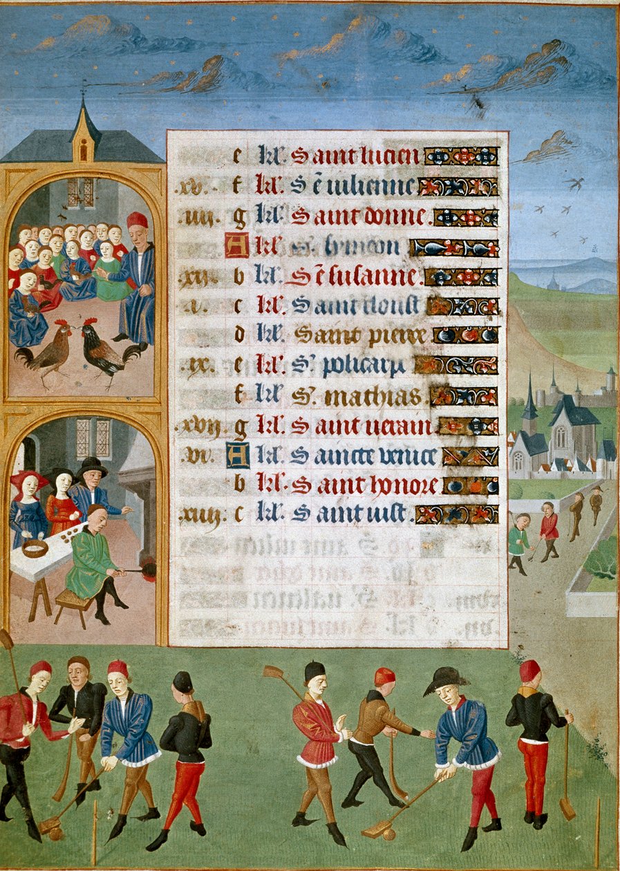 Kalender: februar, de forskellige spil: en slags cricket, hanen kæmper - Miniature af mesteren af Jean Rolin fra manuskriptet "" Les Hours d