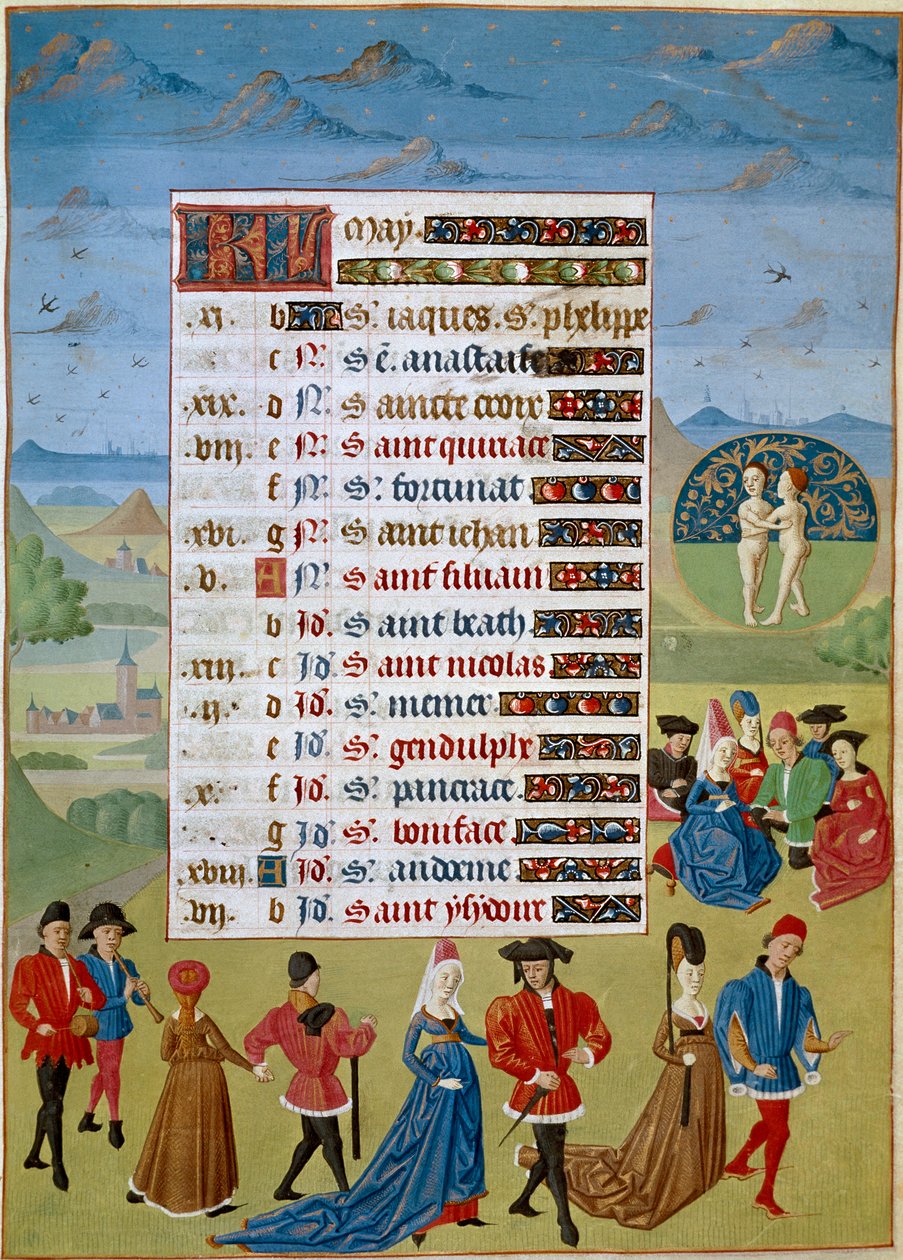 Kalender: maj måned, danse og spil - Miniature af mesteren af Jean Rolin fra manuskriptet "The Hours of Adelaide of Savoy, Duchess of Burgundy" 1460-1465 Chantilly, Musee Conde af Unknown artist